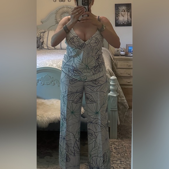 Tamara Catz Maui palm embroidered resort wide leg palazzo pants and tank 12/L - Picture 1 of 4